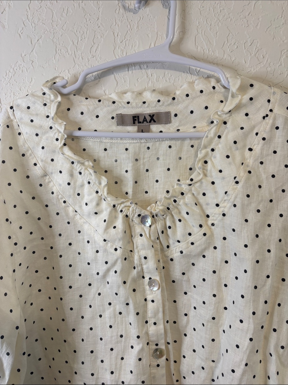 Flax Linen Cream Button-Front Polka Dot Ruffle Neck Blouse - Picture 3 of 8